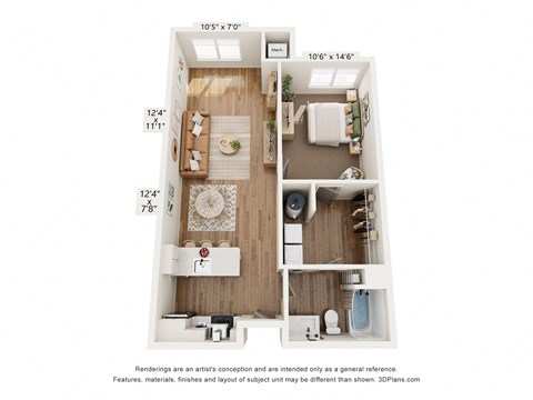 a 1 bedroom floorplan with a bedroom and a living room