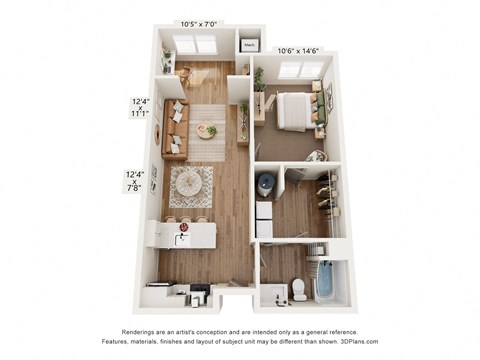 a 1 bedroom floorplan with a bedroom and a living room