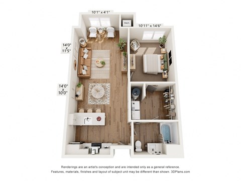 a floor plan of a 1 bedroom apartment with a wood floor