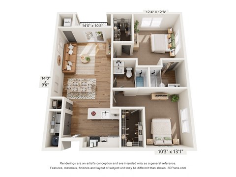 a 3d floor plan of a home with a bedroom and a living room