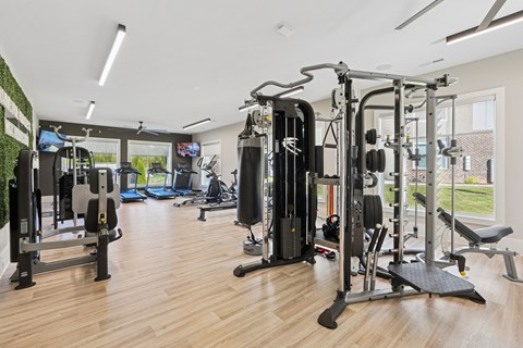 A gym with a variety of equipment including a squat rack, leg press, and a bench press.