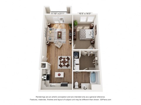 a stylized floor plan of a 1 bedroom apartment
