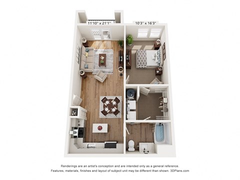 a floor plan of a 1 bedroom unit with a wood floor