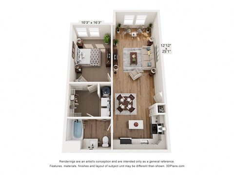 a 1 bedroom floorplan with a bedroom and a living room