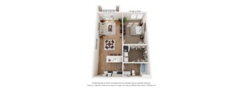 a stylized floor plan with a bedroom and a living room
