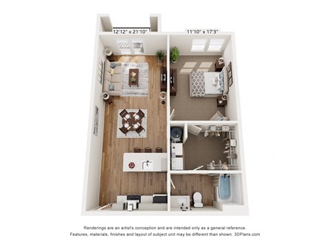 a stylized floor plan with a bedroom and a living room