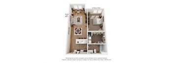 a 1 bedroom floor plan with a bedroom and a living room
