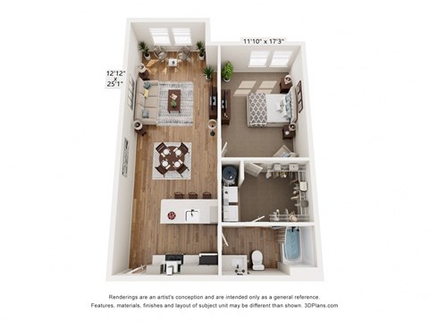 a 1 bedroom floor plan with a bedroom and a living room