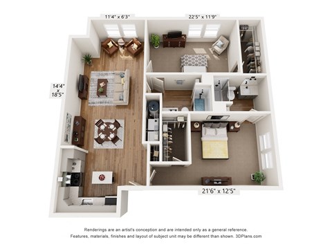 a 3d floor plan of a home with an open living room
