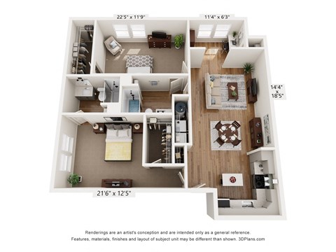 a 3d floor plan of a home with an open living room