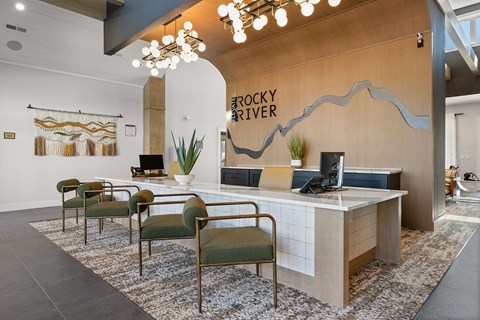 A reception area with a sign that says "Rocky River".