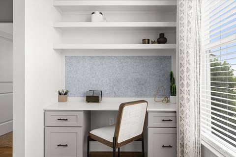 A white desk with a chair and a shelf above it.