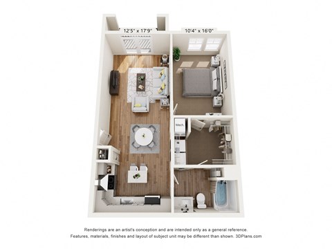 a floor plan of a 1 bedroom unit with a wood floor
