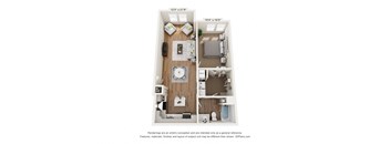a 1 bedroom floor plan with a bedroom and a living room