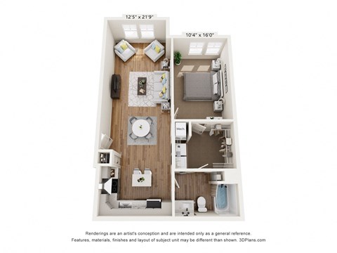 a 1 bedroom floor plan with a bedroom and a living room