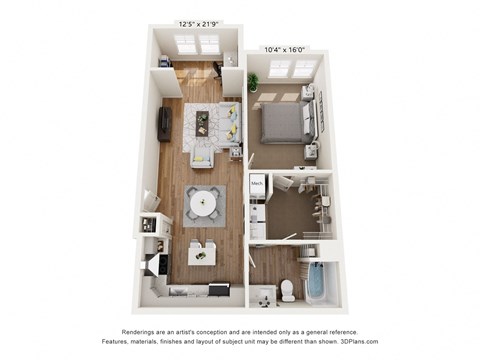 a 1 bedroom floor plan with a bedroom and a living room