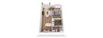 a stylized floor plan with a bedroom and a living room