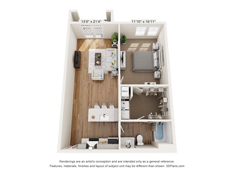 a stylized floor plan with a bedroom and a living room