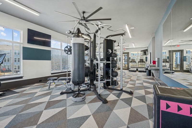A gym with a variety of equipment including a treadmill, a stationary bike, and a rowing machine.
