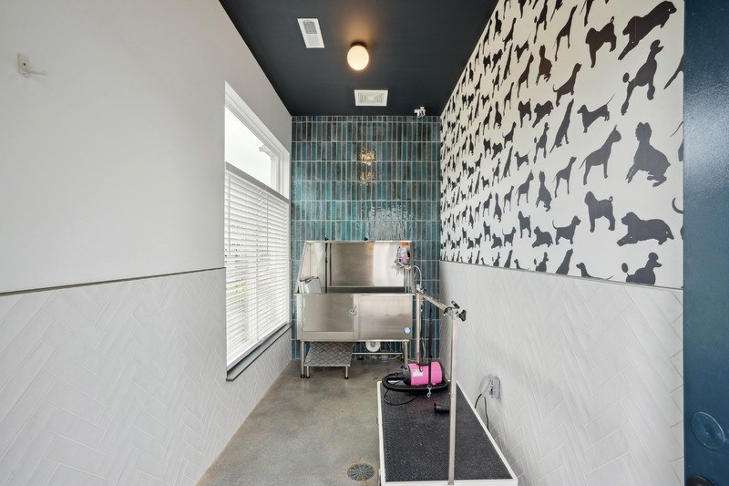 A room with a wallpaper of dogs on the wall.