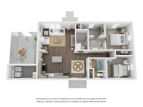 a 3d floor plan of a 1 bedroom apartment