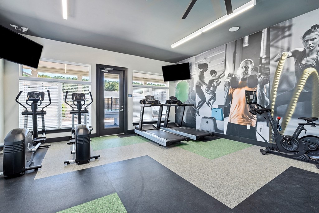 a gym with exercise equipment and a mural on the wall