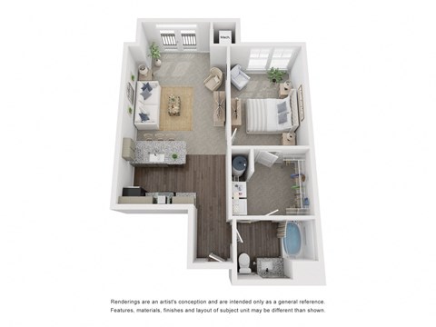 a 3d floor plan of a 1 bedroom apartment