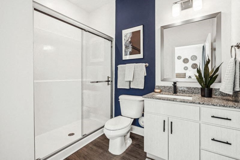 a blue and white bathroom with a shower toilet and sink