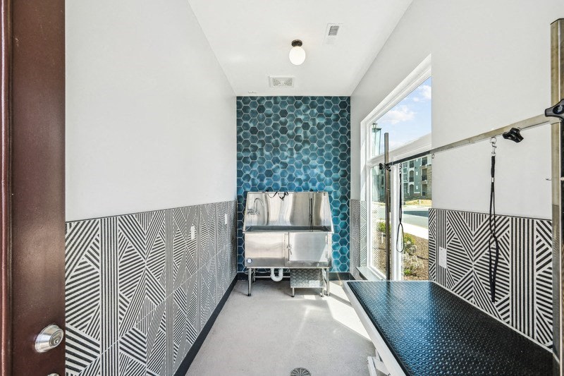 a pet spa with a tub and window