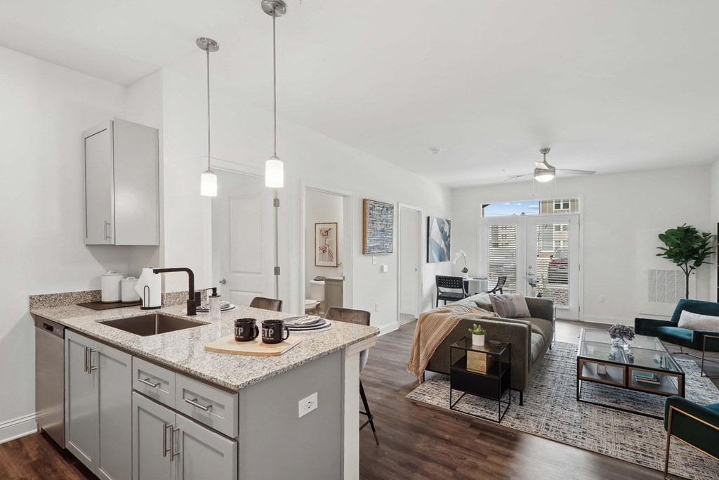 an open living room with a kitchen and a living room