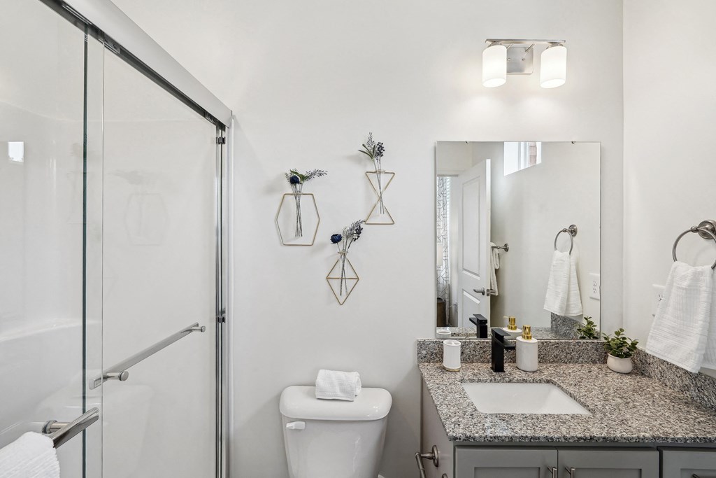 a bathroom with a toilet sink and shower and a mirror