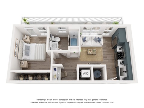 a 3d 1 bedroom floor plan with a bathroom and a living area and a balcony/patio