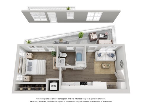 a 3d 1 bedroom floor plan with a bathroom and a living area and a balcony/patio