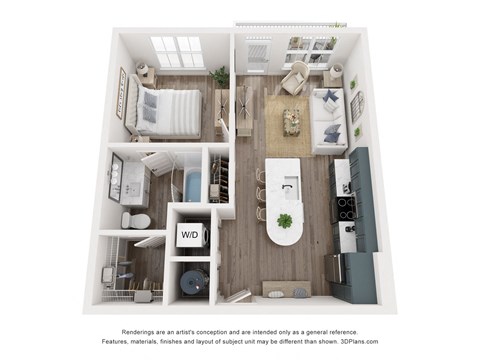 a 3d 1 bedroom floor plan with a bathroom and a living area and a balcony/patio