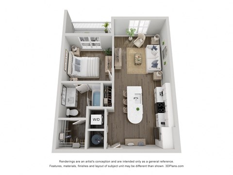 a 2d 1 bedroom floor plan with a bathroom and a living area and a balcony/patio