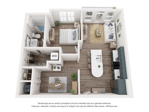 a 3d 1 bedroom floor plan with a bathroom and a living area and a balcony/patio