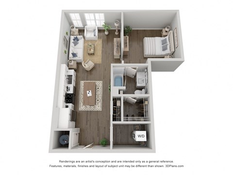 a 3d 1 bedroom floor plan with a bathroom and a living area
