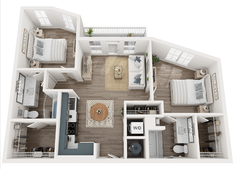 a 3d 2-bedroom floor plan with 2 bathrooms and a living area and a balcony/patio