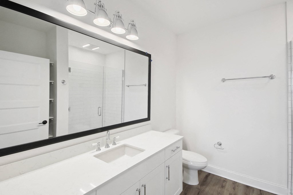 a bathroom with a large mirror and a sink and a toilet