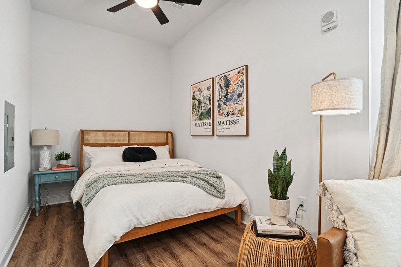 a bedroom with a bed and a plant and a ceiling fan