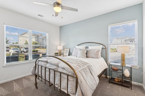 a bedroom with a large bed and two windows