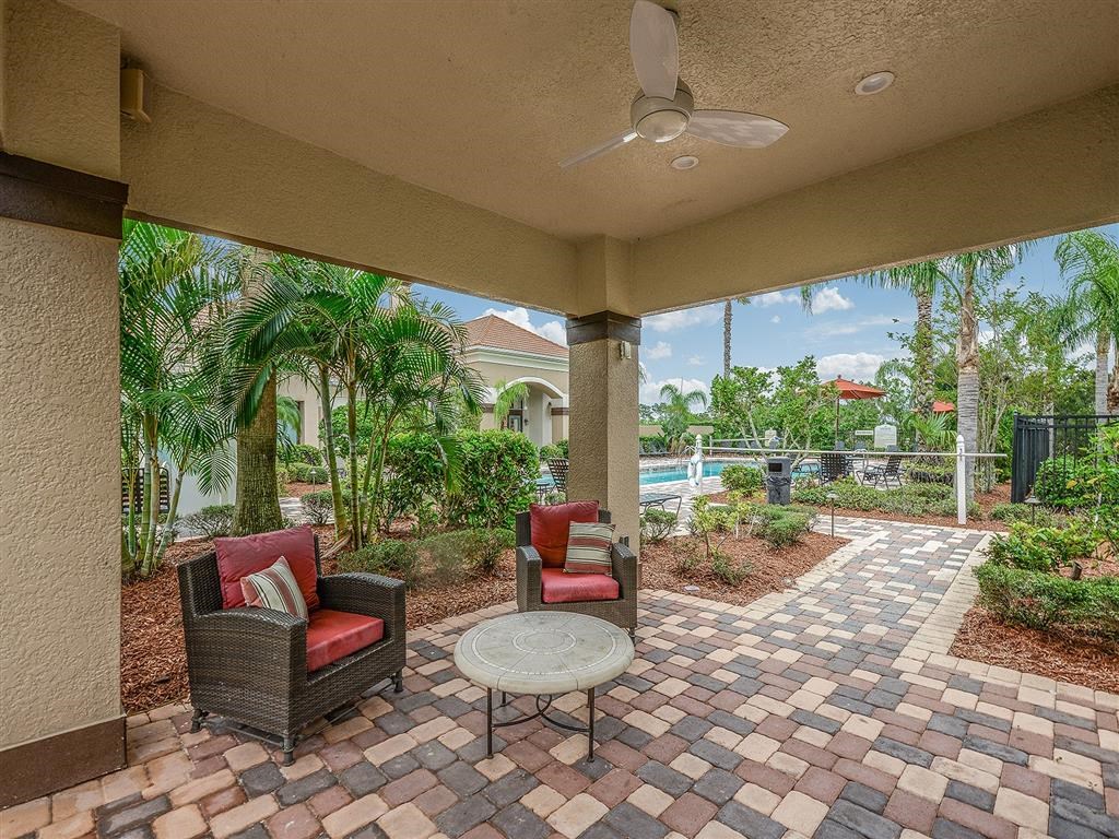 Covered outdoor patio with tables and chairs