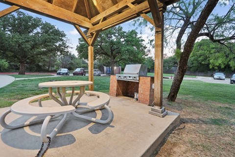 a patio with a table and a grill in a park