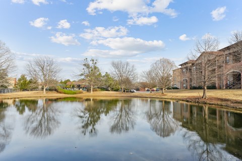 a pond with buildings in the background and trees reflected in it