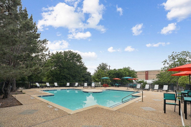 a pool with umbrellas and chairs around it at a hotel