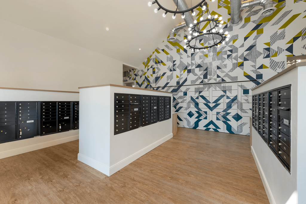 a store with white walls and wooden flooring and a large closet with many racks