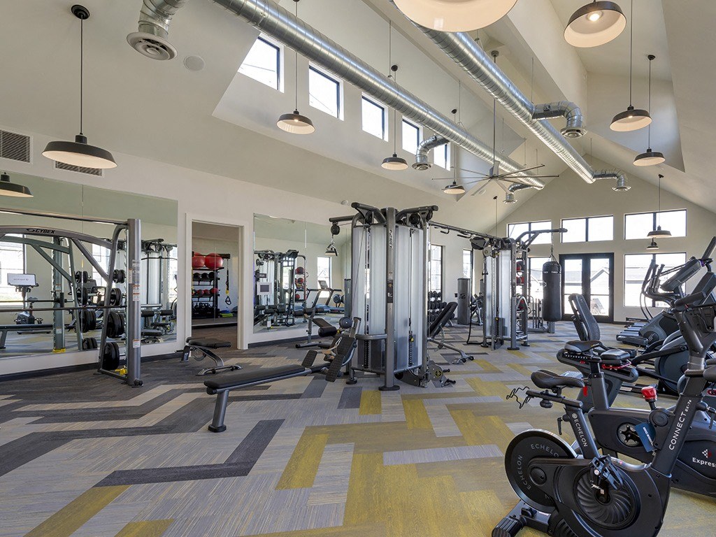a gym with weights and exercise machines and windows