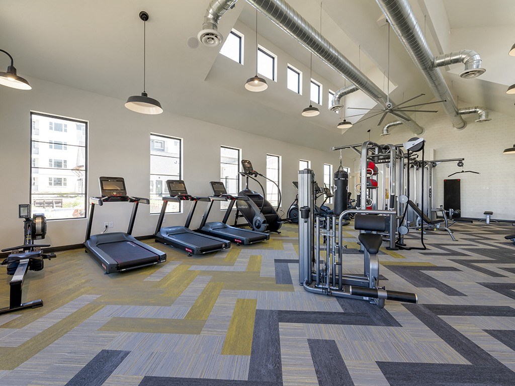 a workout room with cardio equipment and windows in a building
