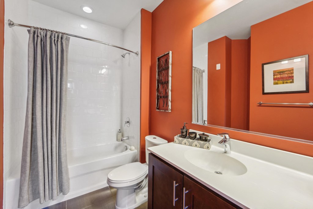 a bathroom with a shower toilet and sink and a mirror