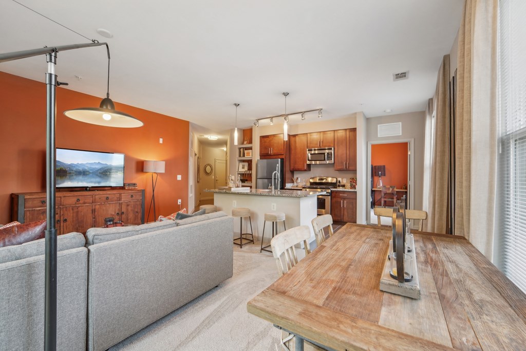 living room, dining room, and kitchen